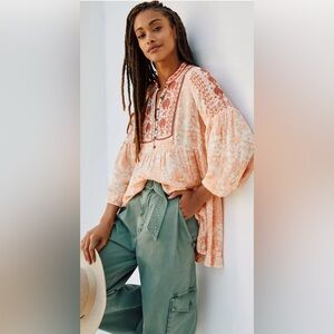 Anthropologie Claudia Embroidered Babydoll Bohemian Floral Tunic Size XS